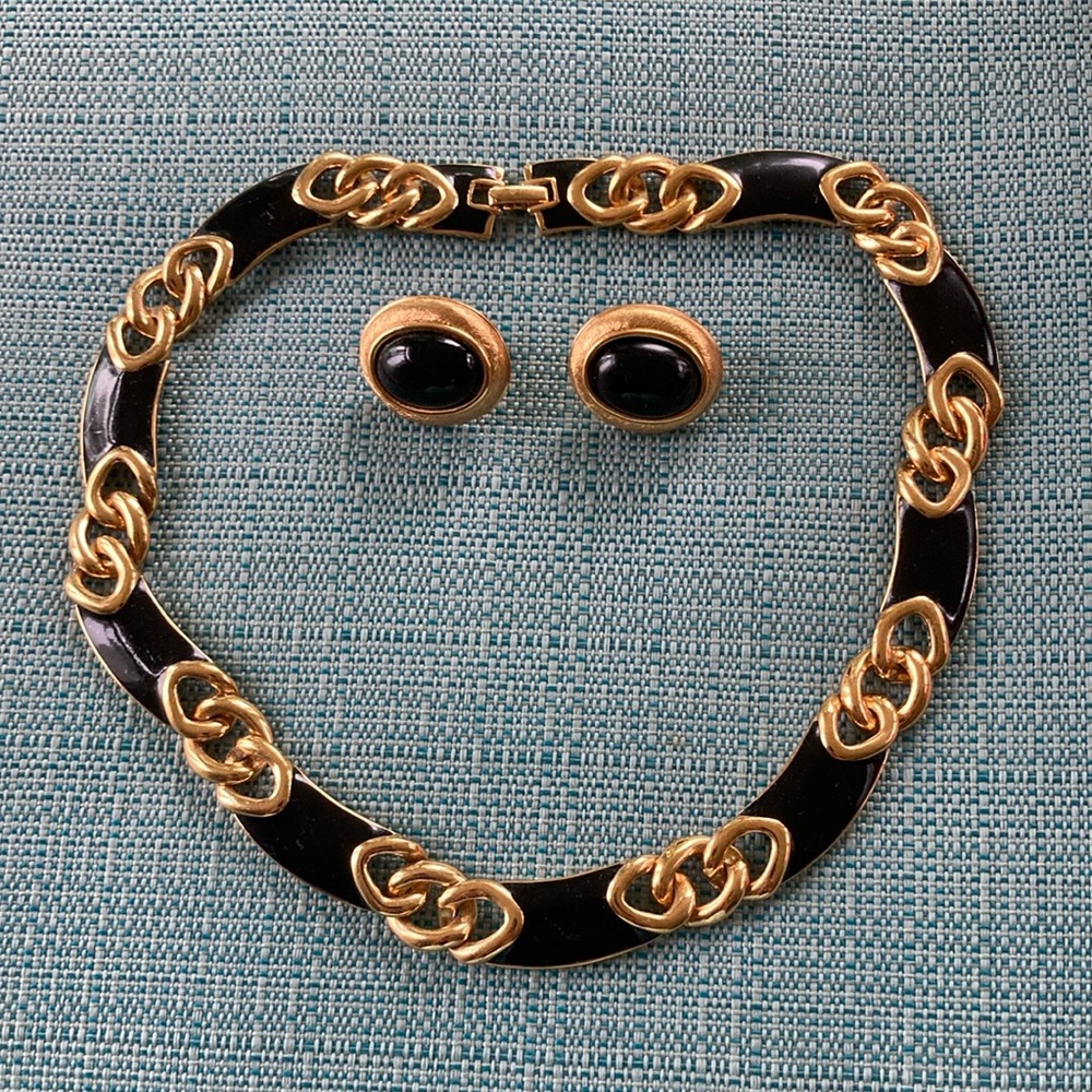 Napier Goldtone and Black Enamel Necklace and Earrimgs